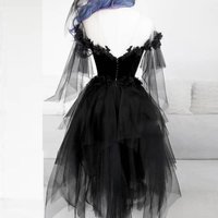 Chic A Line Off Shoulder Black Tulle Short Homecoming Dress with Lace Appliques - Thumbnail 1