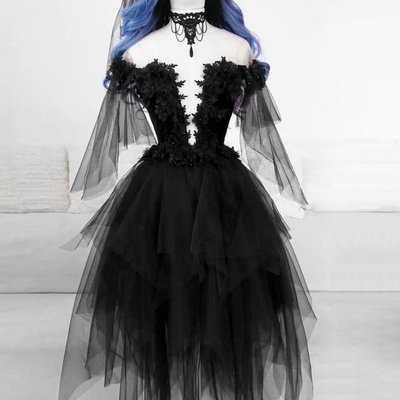 Chic a line off shoulder black tulle short homecoming dress with lace appliques - Thumbnail 2