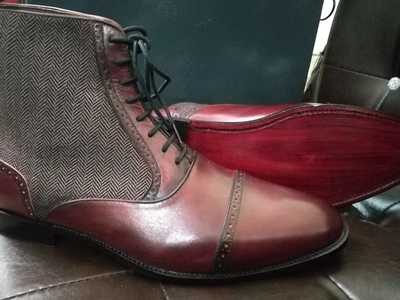 Best Burgundy Leather Tweed Ankle High Cap Toe Lace Up Boot