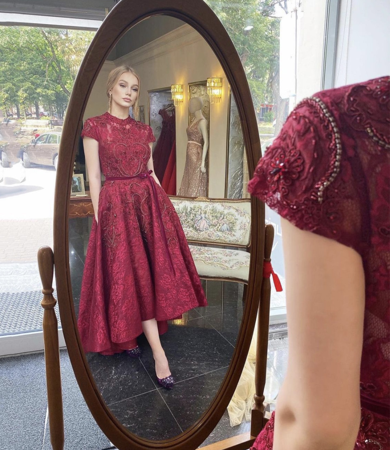 Burgundy lace high low prom dress evening dress