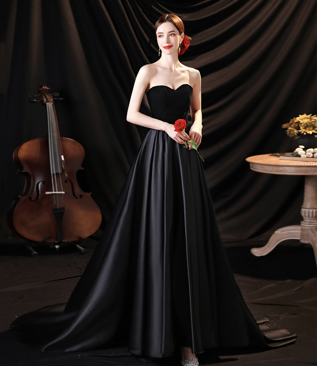Black satin long A line prom dress black evening dress