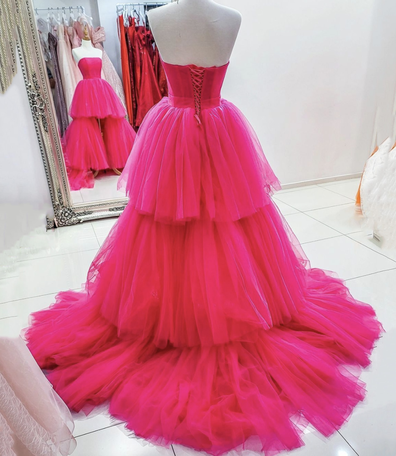 Pink tulle high low prom dress pink evening dress