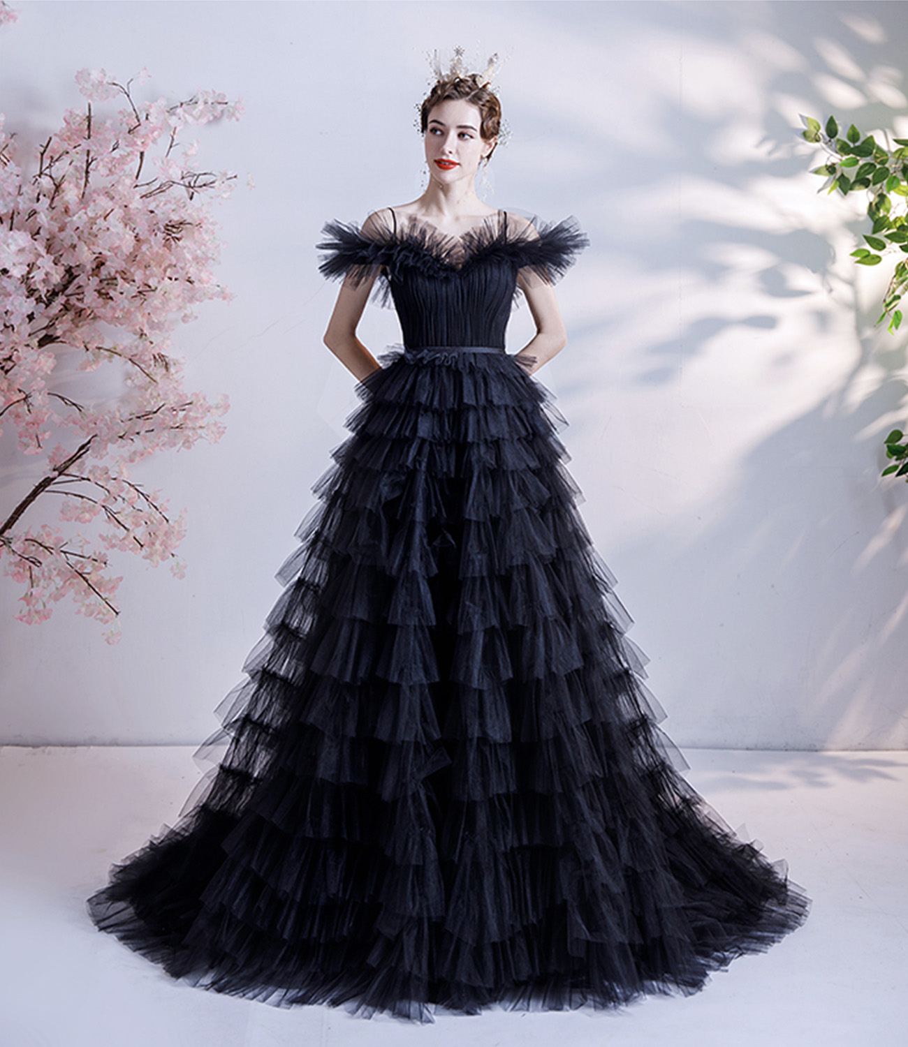 Black tulle long A line prom dress black evening dress