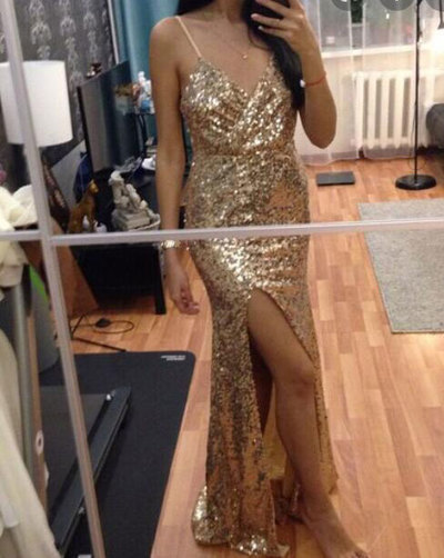 Sparkly Slit Prom Dresses Spaghetti Straps