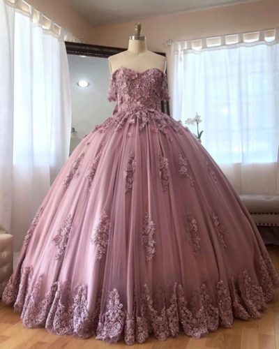 Off The Shoulder Stain Quinceanera Dress With Lace Appliques