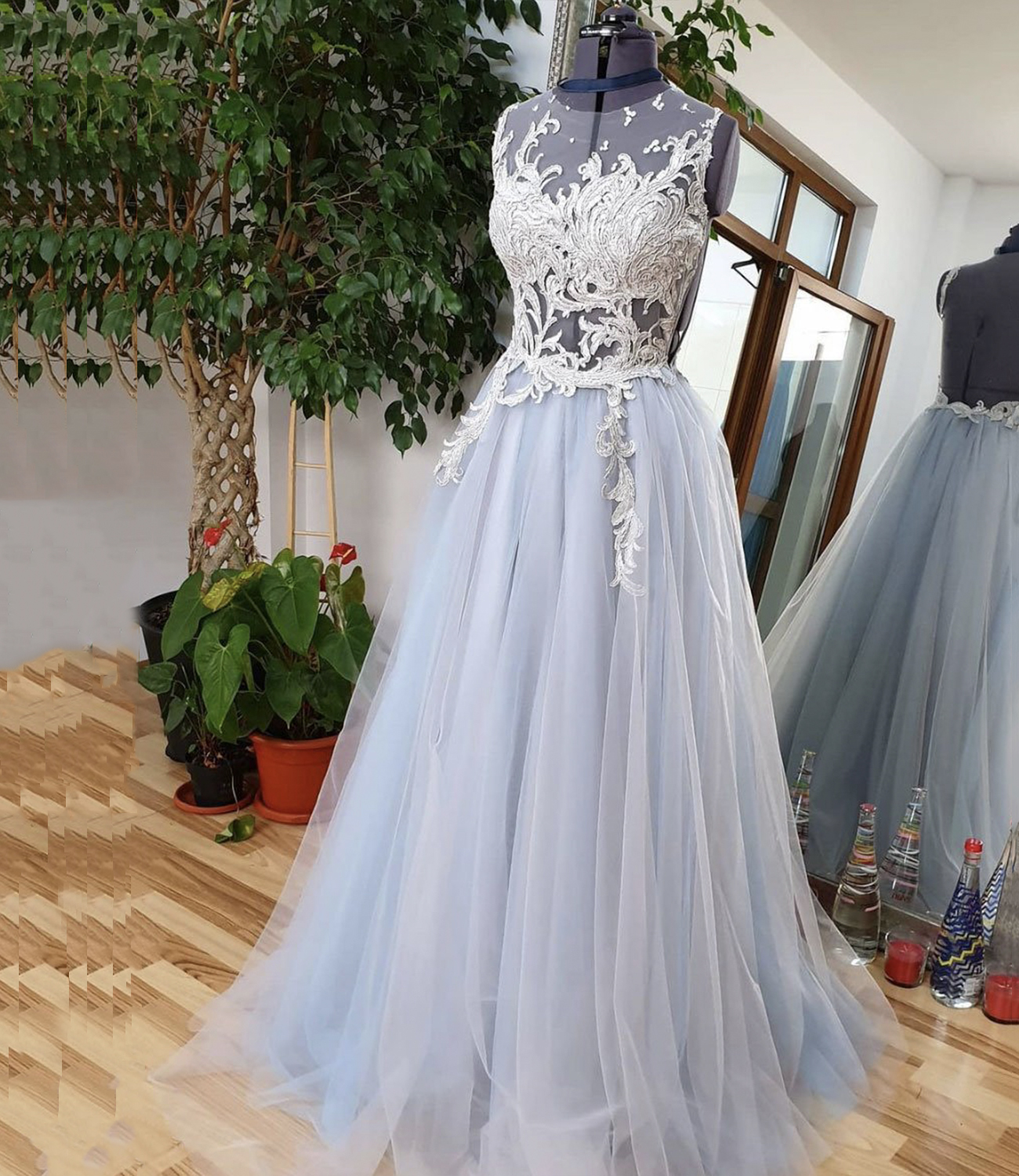 Blue lace long A line prom dress lace evening dress