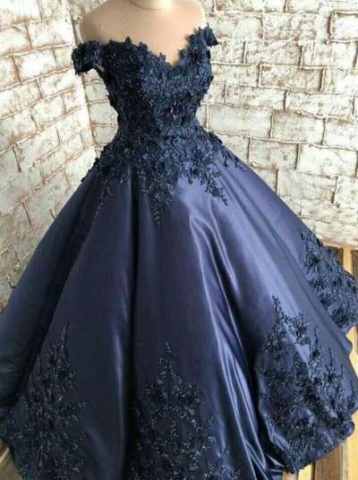 A Line Navy blue formal ball gown Prom Dress