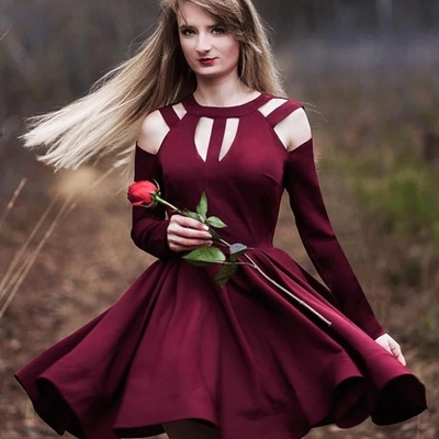 Chic a-line long sleeve burgundy short homecoming dresses - Thumbnail 2