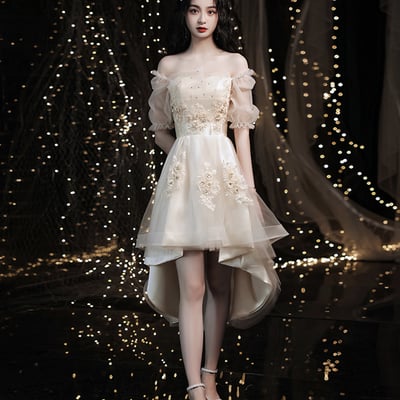 Champagne lace high low prom dress homeciming dress - Thumbnail 3