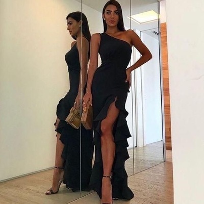 One Shoulder Black Prom Dresses Slit