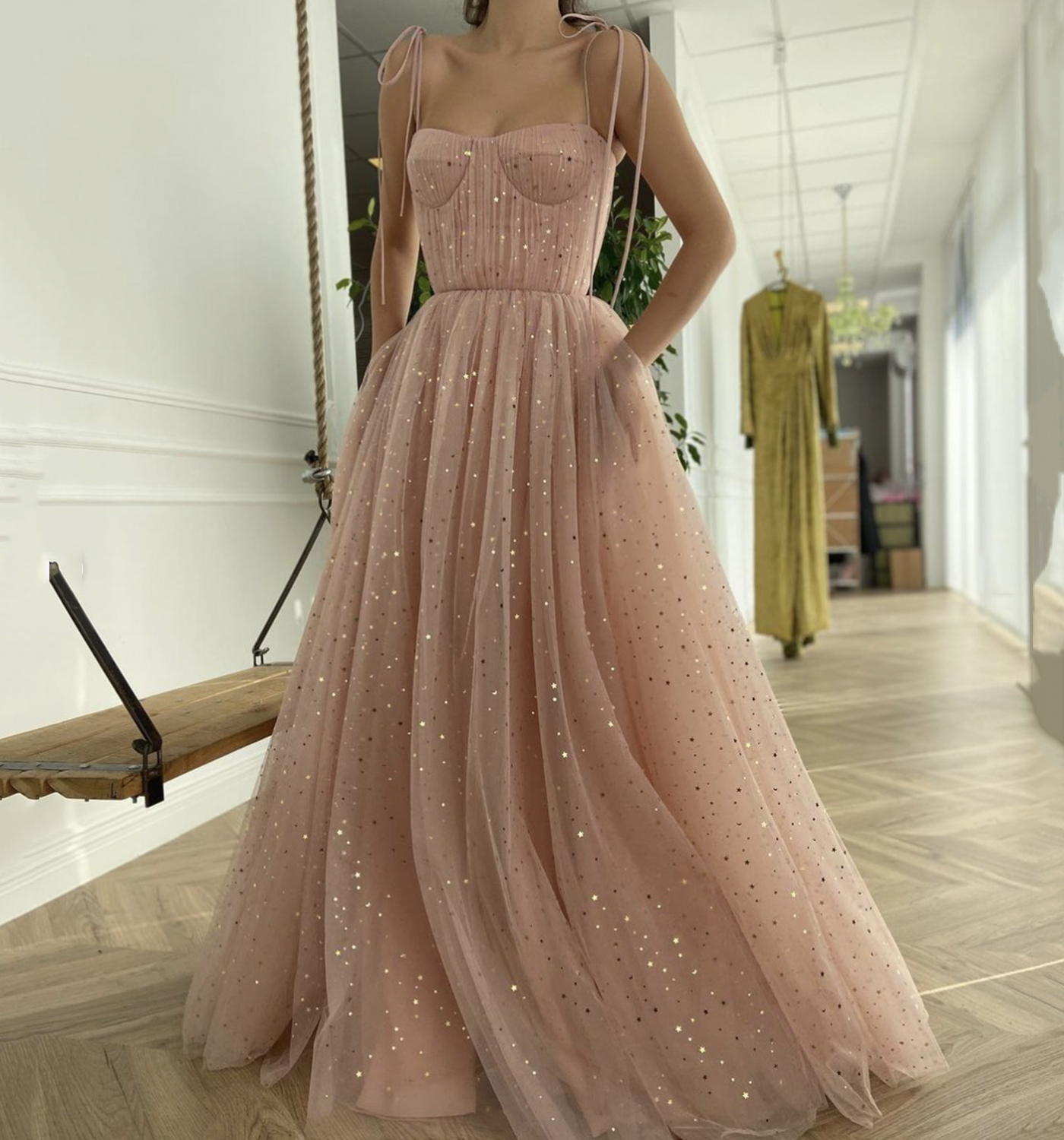 Pink tulle long A line prom dress pink evening dress