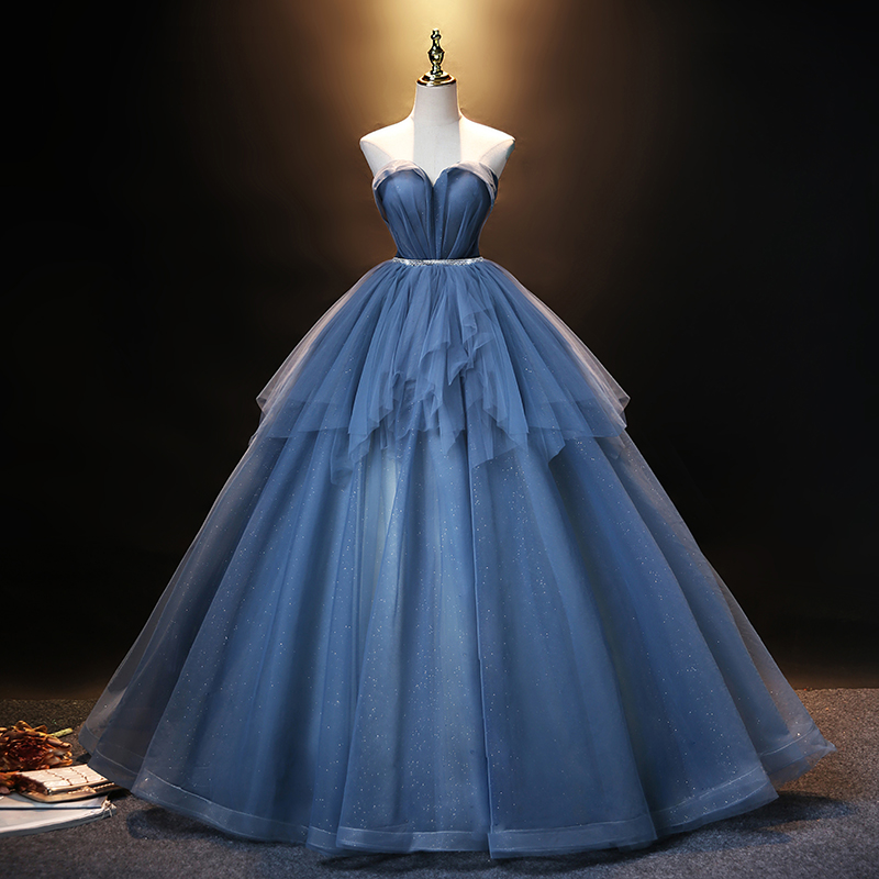 Blue tulle long A line prom dress blue evening dress
