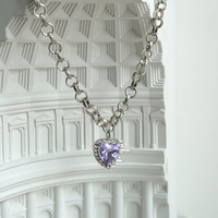European French Fire Flame Love Heart Silver Chain Luxury Purple Violet Rhinestone Gemstone Pendant Necklace - Thumbnail 3
