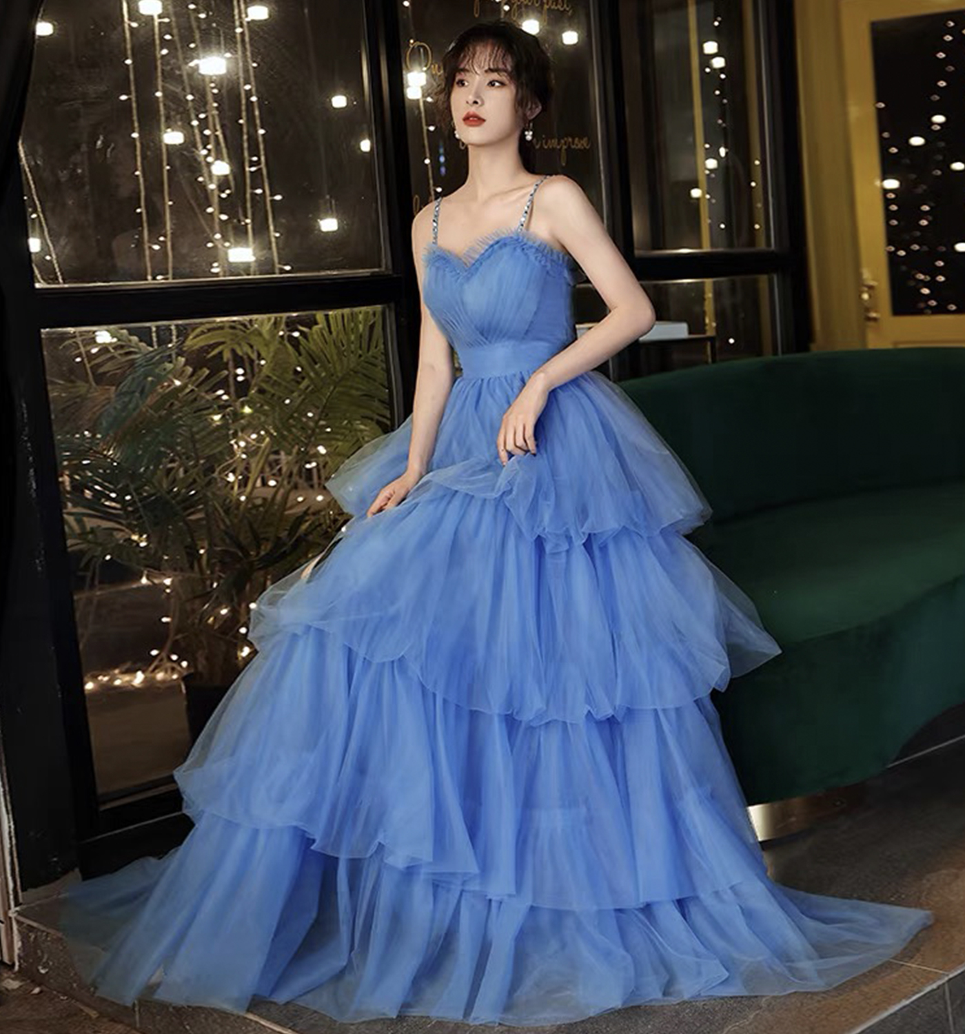 Blue tulle long A line prom dress blue evening dress
