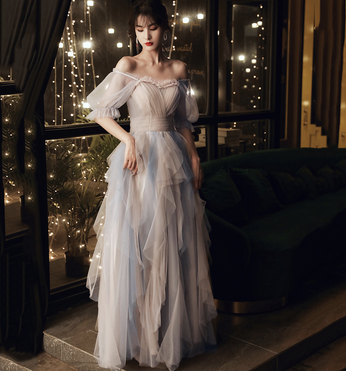 Cute tulle long A line prom dress evening dress