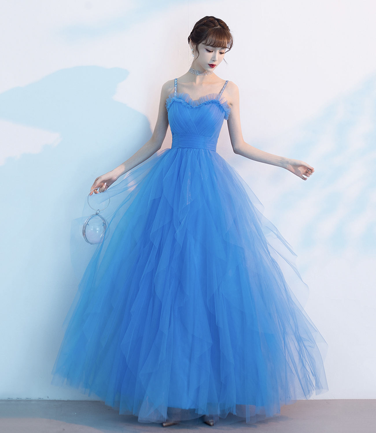 Blue tulle long A line prom dress blue evening dress