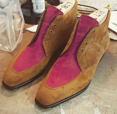 Men's handmade brown red Ready for Christmas ankle high lace up boot