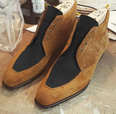 Classic Hand Stitch Brown Black Suede Ankle High Lace Up Boot