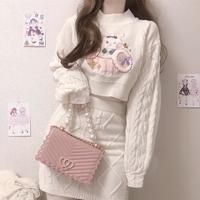 Cute Bunny Rabbit Embroidery Twist Knitted Top Sweater - Thumbnail 2