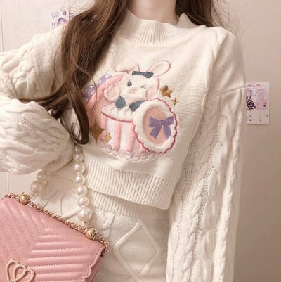 Cute Bunny Rabbit Embroidery Twist Knitted Top Sweater