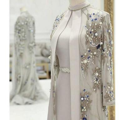Gorgeous Beaded Mother Of The Bride Dresses With Long Sleeves Pearls Plus Size Wedding Guest Dress Crystals High Neck Evening Gowns,1108