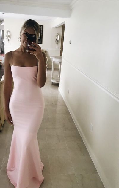 Chic Mermaid Scoop Neck Spaghetti Straps Pink Satin Prom Dresses, Simple Party Dresses,567