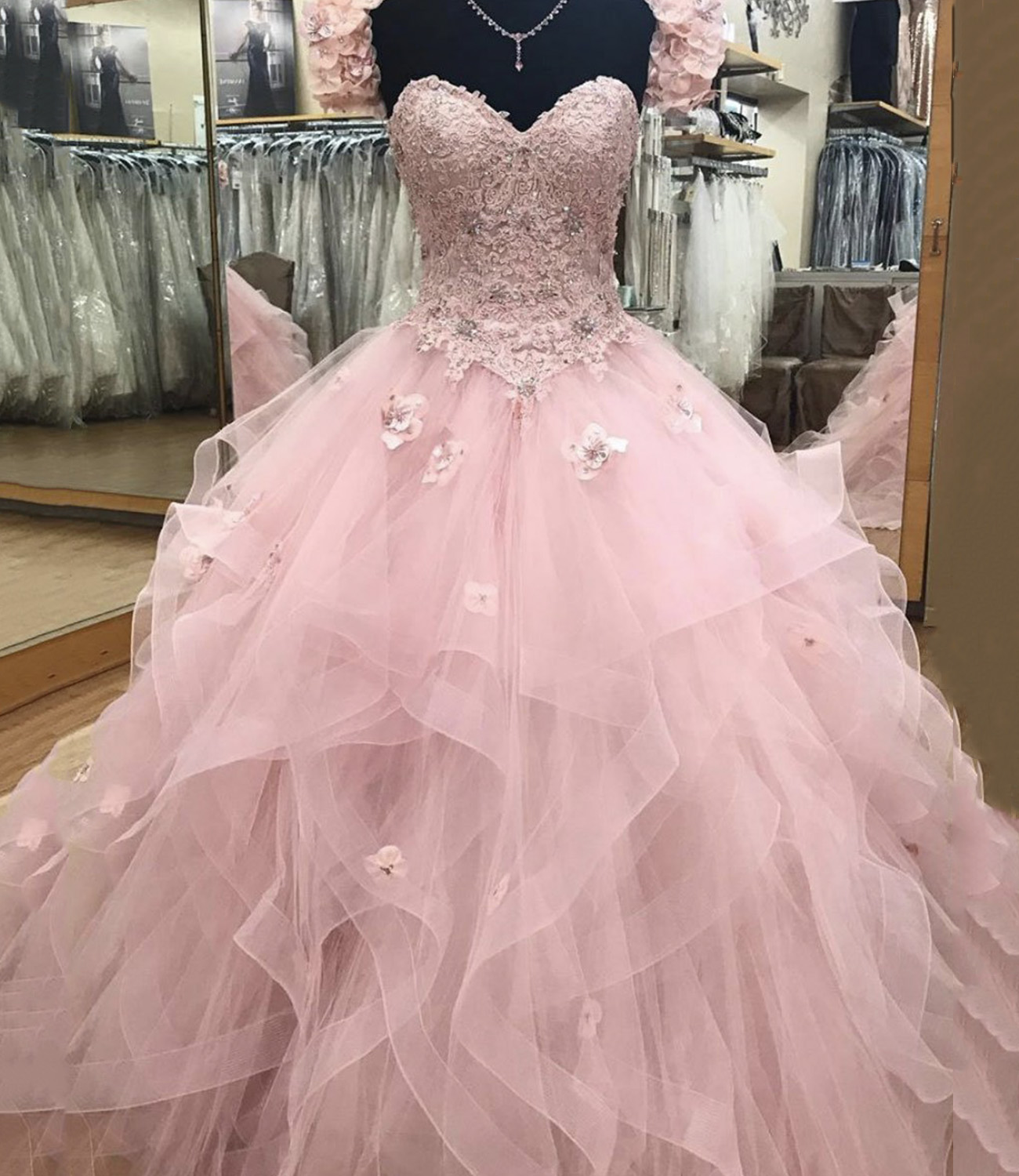 Pink lace long ball gown dress formal dress