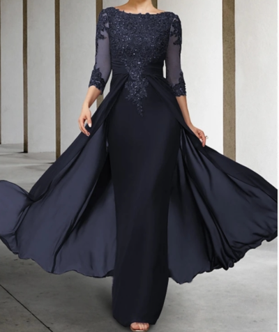 Elegant Sheath 3/4 Sleeves Long Mother of the Bride Dresses with Appliques,569