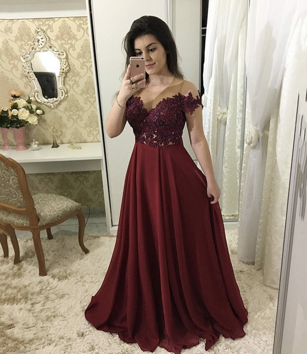Burgundy lace long A line prom dress evening dress