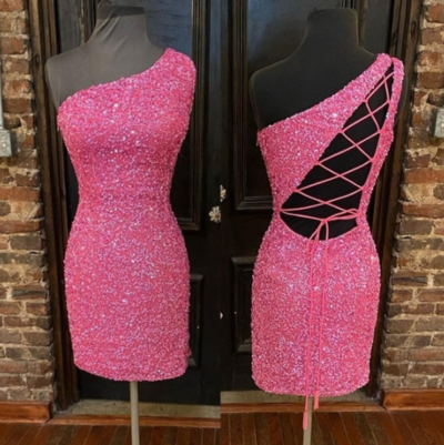 Hot Pink One Shoulder Sequins Homecoming Dress