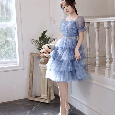 Blue tulle short a line prom dress homecoming dress - Thumbnail 2