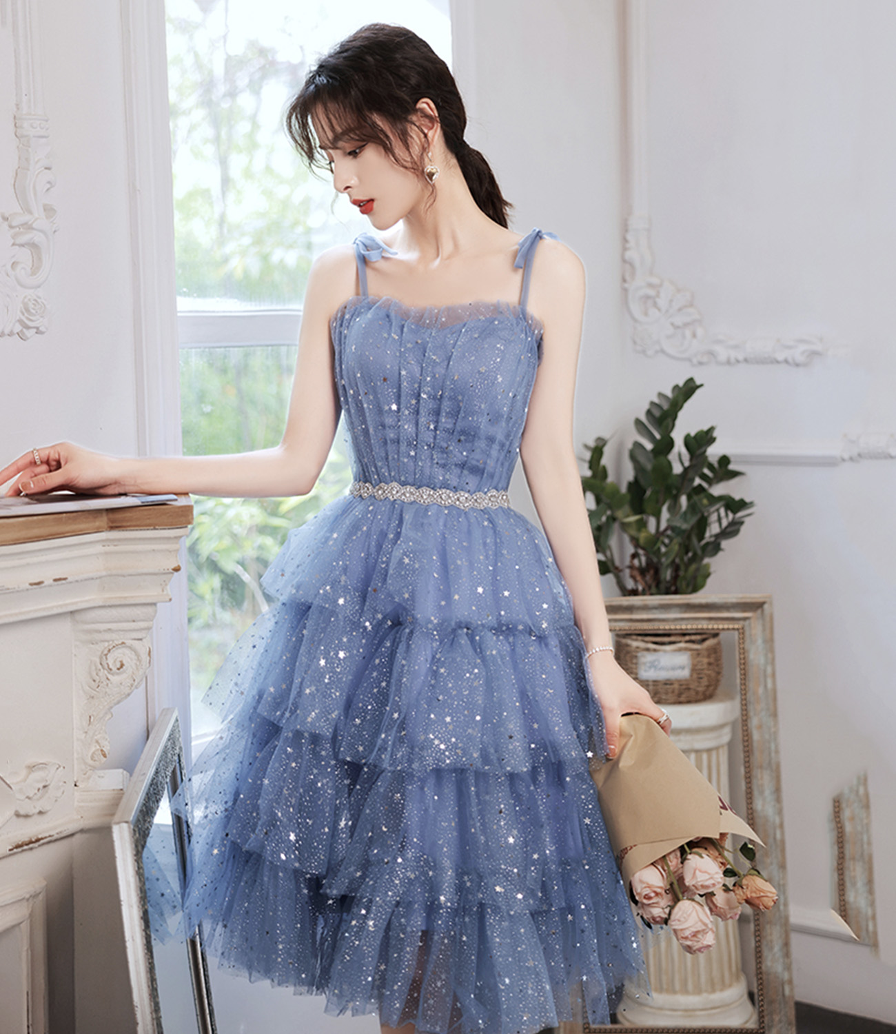 Blue tulle off shoulder prom dress homecoming dress