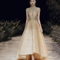 Gold sequins long A line prom dress high low evening dress - Thumbnail 4