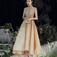 Gold sequins long A line prom dress high low evening dress - Thumbnail 5