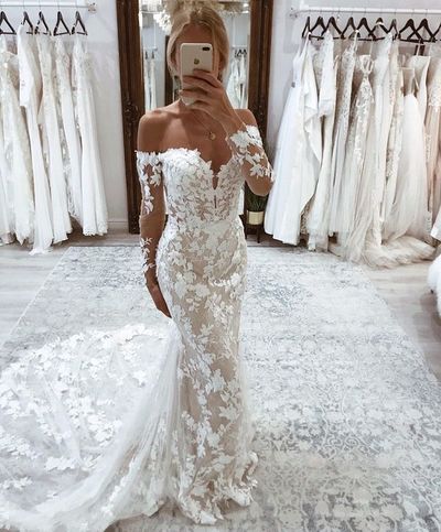 Charming Mermaid Off the Shoulder Long Sleeve Lace Wedding Dresses
