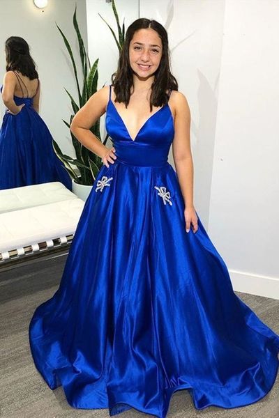 SP1633,V Neck Royal Blue Satin Long Prom Dresses with Pocket,Royal Blue Formal Evening Dresses