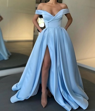 SP1636,Off the Shoulder A-Line Prom Dresses,Light Blue/Red Satin Evening Dresses with Side Slit