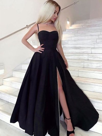SP1646,A Line Sweetheart Neck Black Prom Dresses Long,Black Long Formal Graduation Evening Dresses