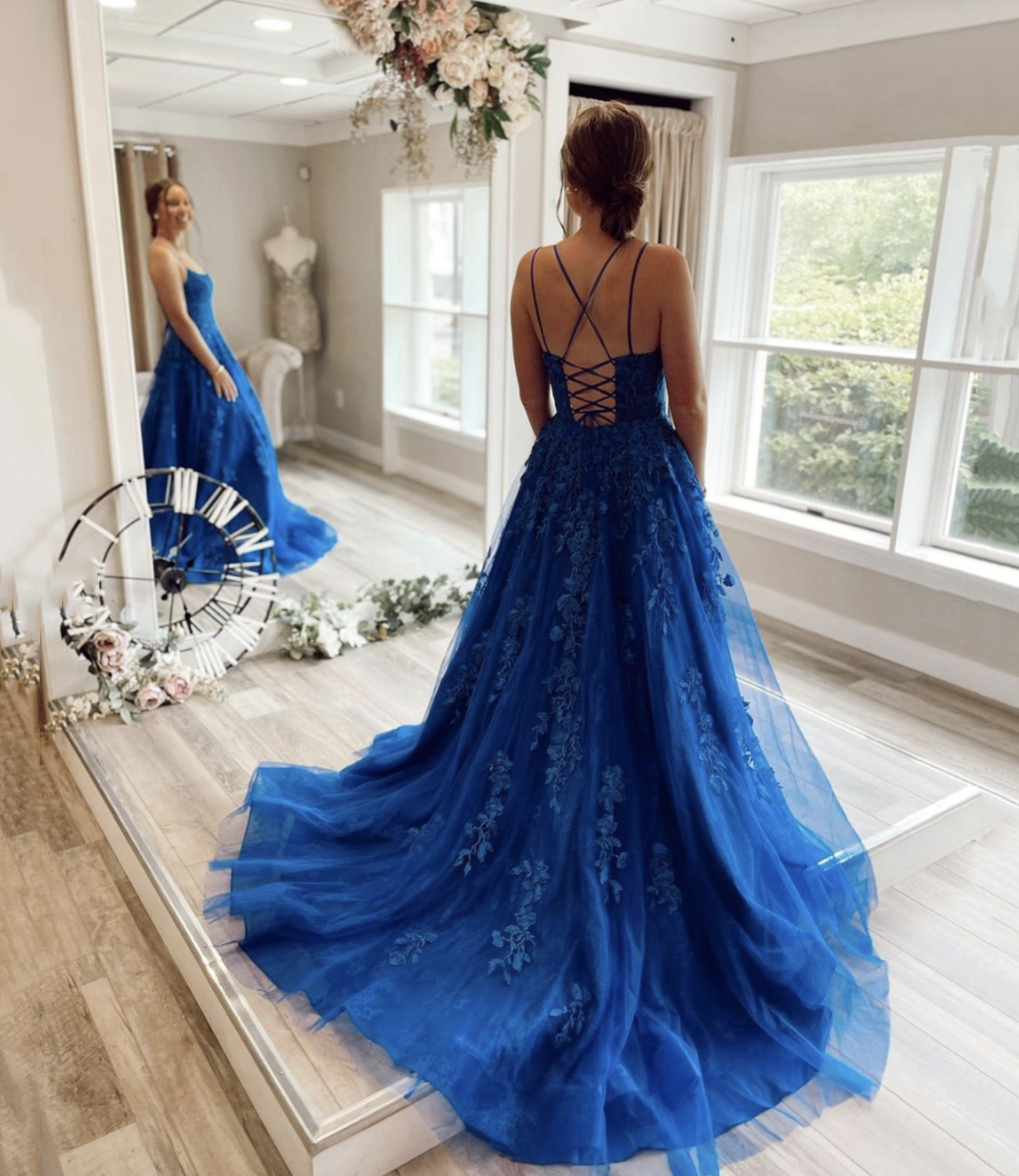 Blue lace long A line prom dress blue evening dress