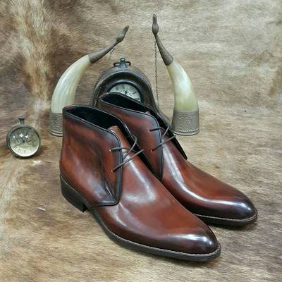 Unique Hand Stitch Two Tone Leather Chukka Lace Up Boot