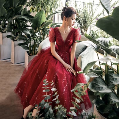 Burgundy tulle short prom dress cocktail dress - Thumbnail 1