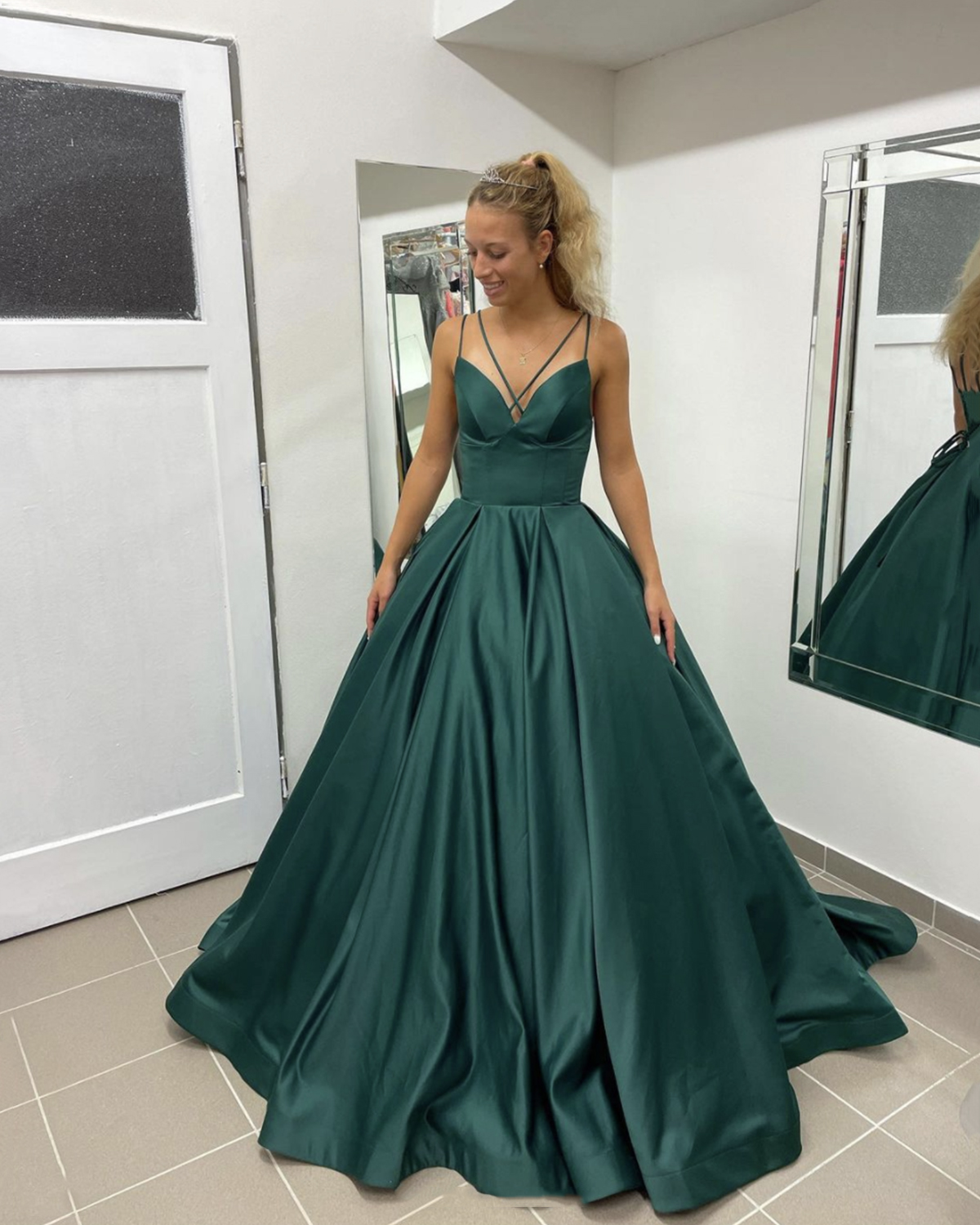 Green satin long A line prom dress green evening dress