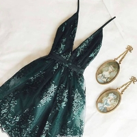 New V Neck A-Line Dark Green Lace Short Homecoming Dresses - Thumbnail 1