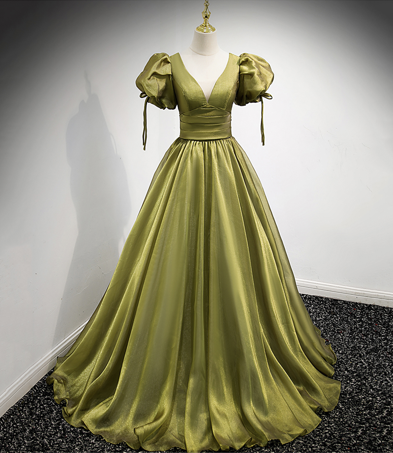 Green v neck tulle long prom dress A line evening dress