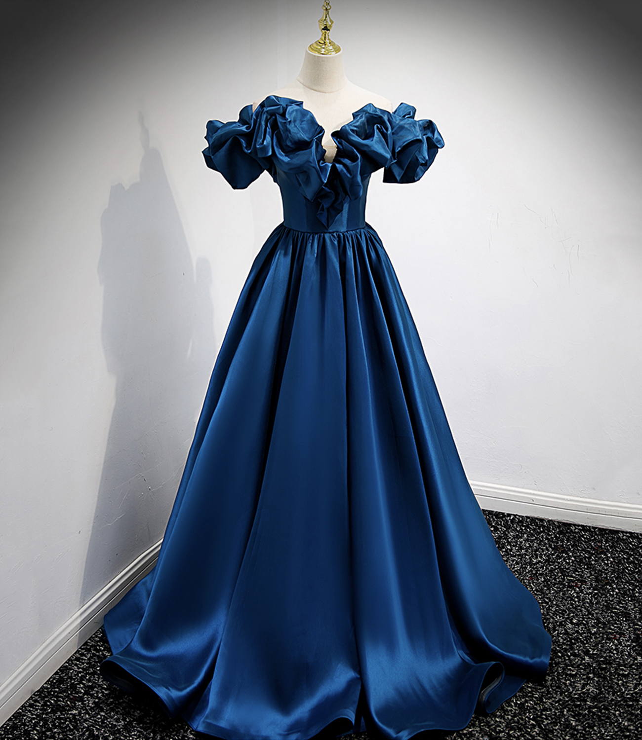 Blue satin long A line prom dress blue evening dress