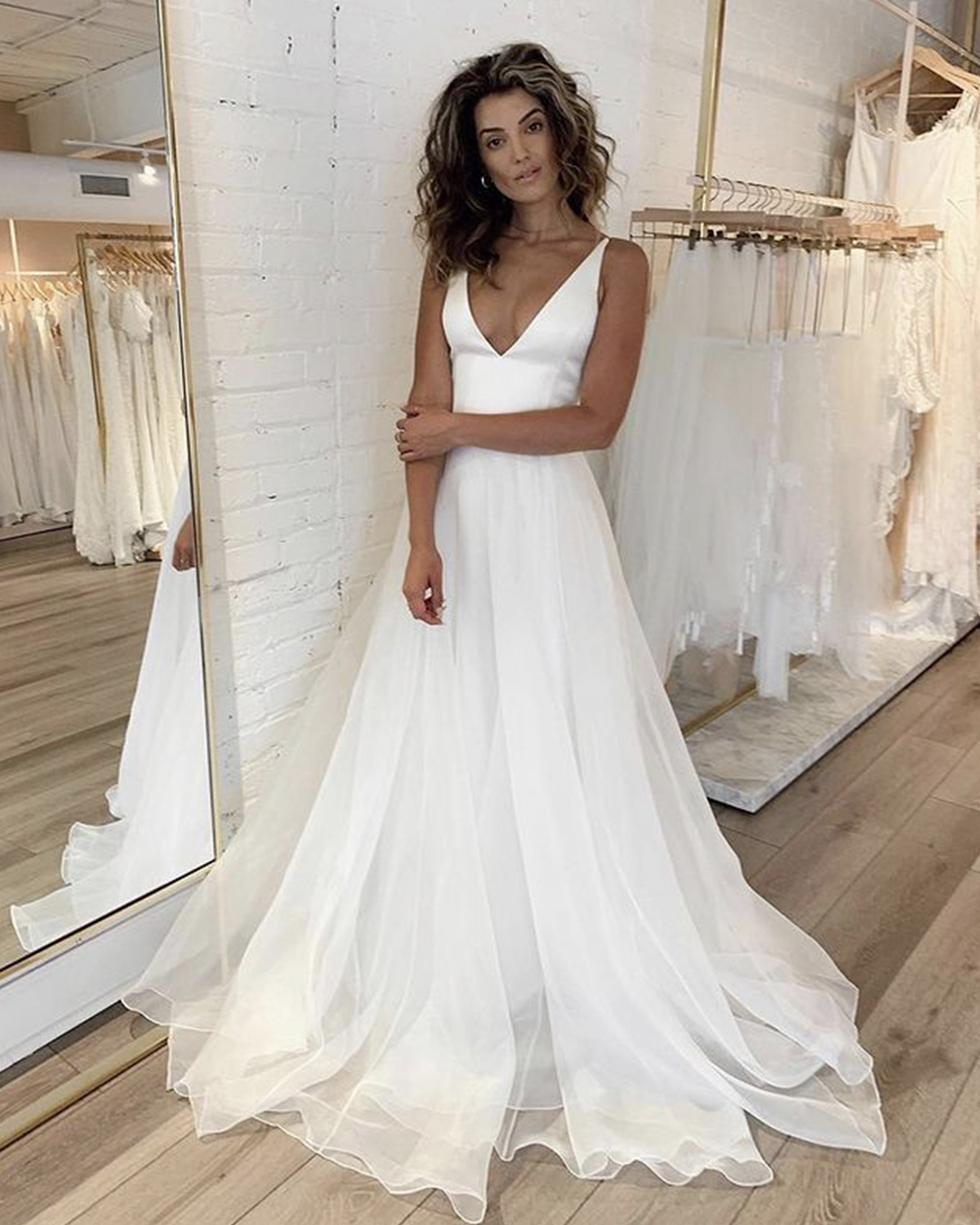 White v neck tulle long A line prom dress evening dress