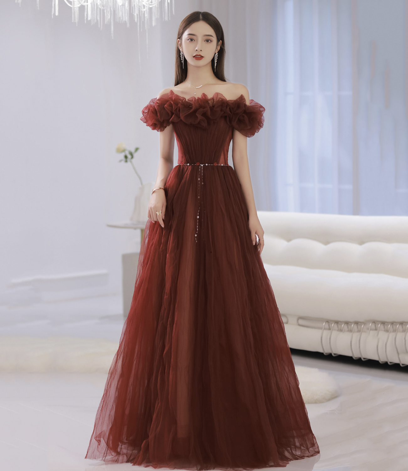 Unique tulle long prom dress off shoulder evening dress