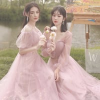 Pink tulle long A line prom dress pink evening dress - Thumbnail 1