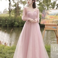 Pink tulle long A line prom dress pink evening dress - Thumbnail 3