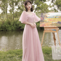 Pink tulle long A line prom dress pink evening dress - Thumbnail 4